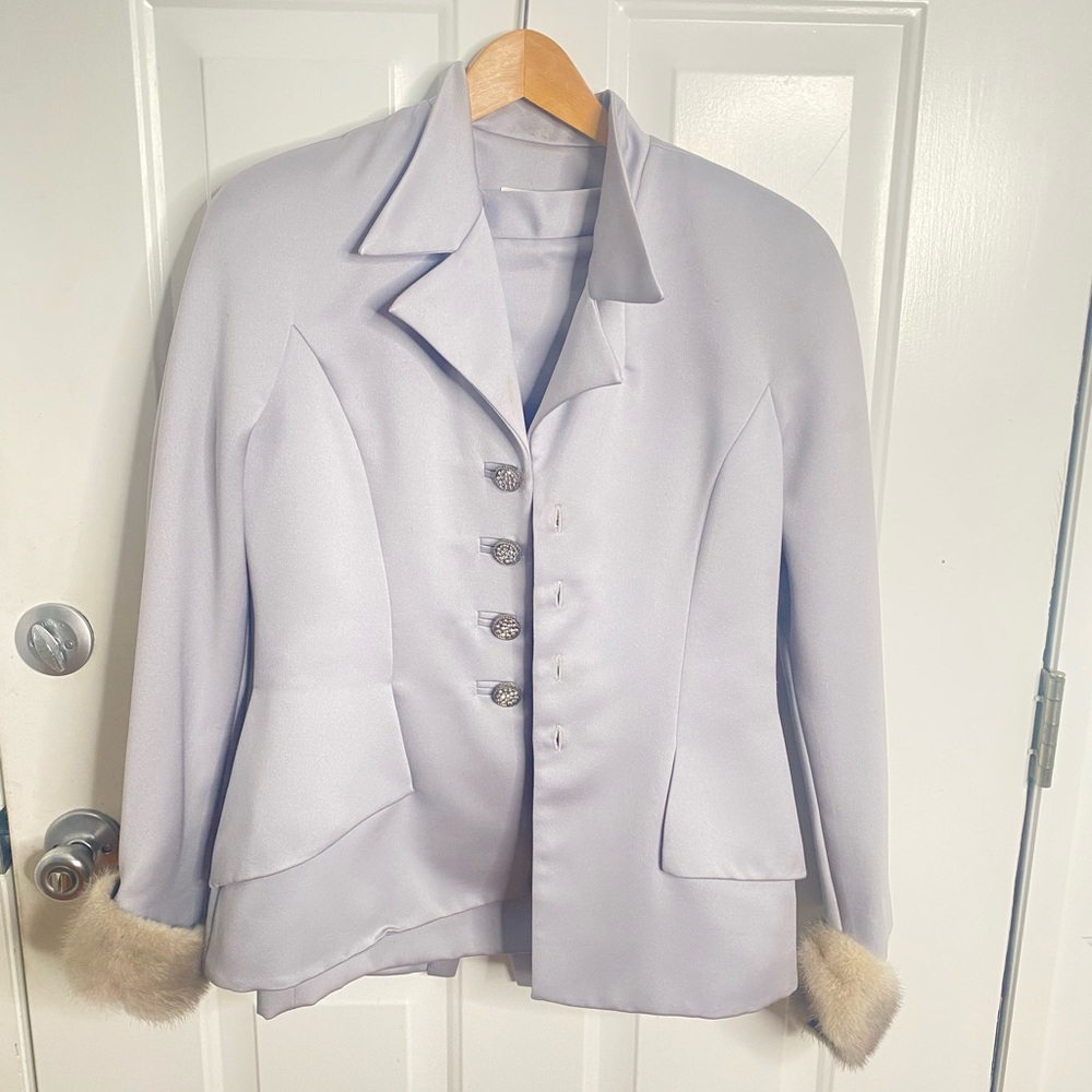 Elegant Women's Gray Suit with Genuine Mink Trim
